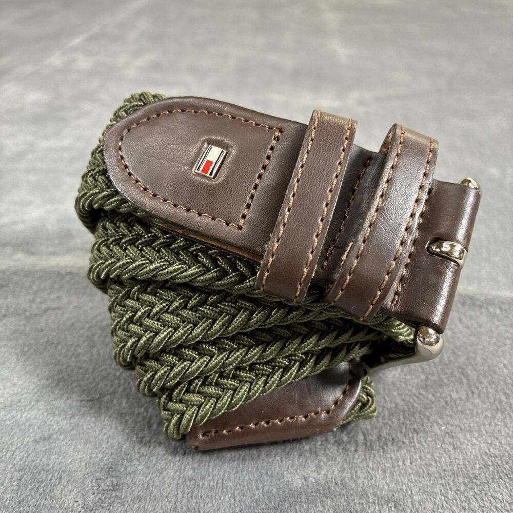 Tommy Hilfiger Web Braided Belt Small Green Stretch Leather Trim Silver Buckle